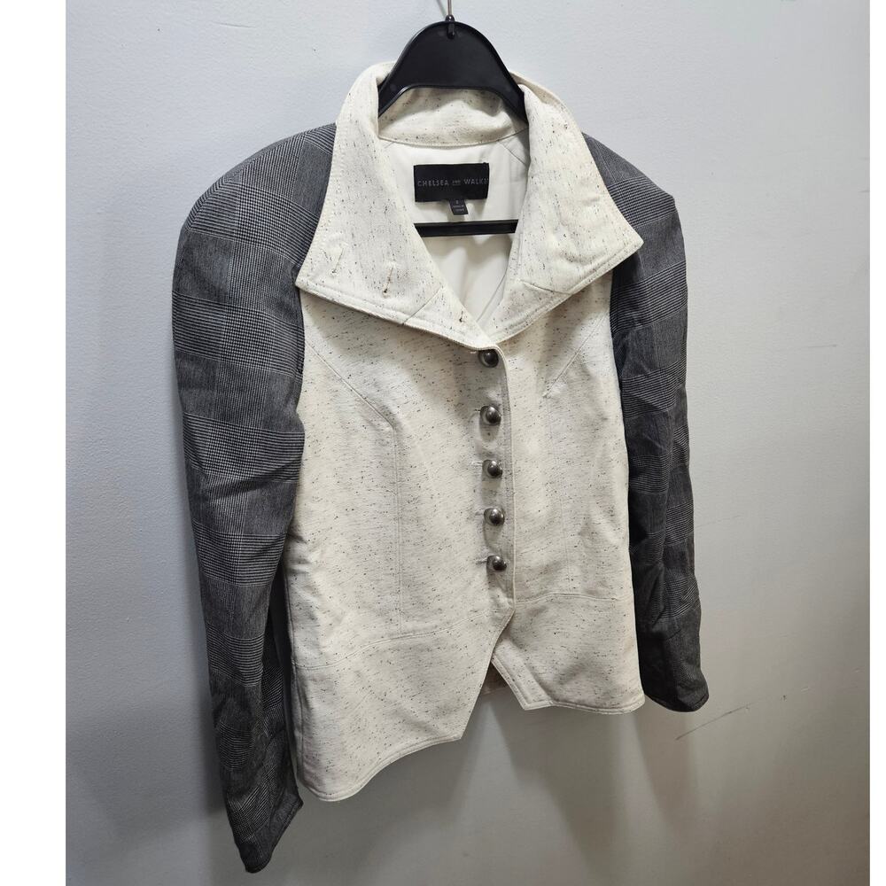 Chelsea and Walker Lynne Jacket Plaid Ivory Gray Military Style Sz 2